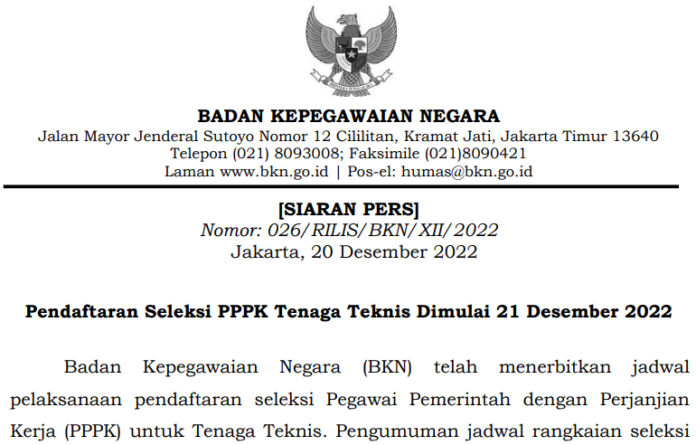 Pengumuman Seleksi PPPK Tenaga Teknis 21 1222 Loker, Pengumuman, Seleksi PPPK 2022, PPPK, Pendaftaran PPPK Tenaga Teknis
