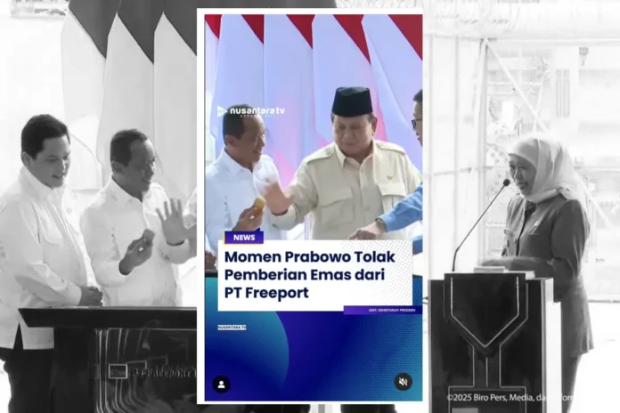 Prabowo tolak emas batangan, momen Prabowo Freeport, smelter Freeport Indonesia, Prabowo, Bahlil, Tony Wenas, peresmian smelter Gresik, smelter emas Freeport, Prabowo Erick Thohir Bahlil, instalasi pemurnian logam PTFI, pemurnian emas terbesar, Prabowo di Gresik.