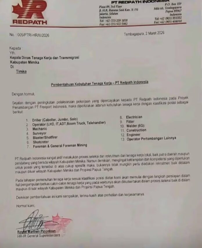 lowongan Mimika, kerja Freeport, Redpath Indonesia, tambang Papua, operator tambang, driller tambang, lowongan kerja, Tembagapura kerja, Mimika karier, rekrutmen tambang