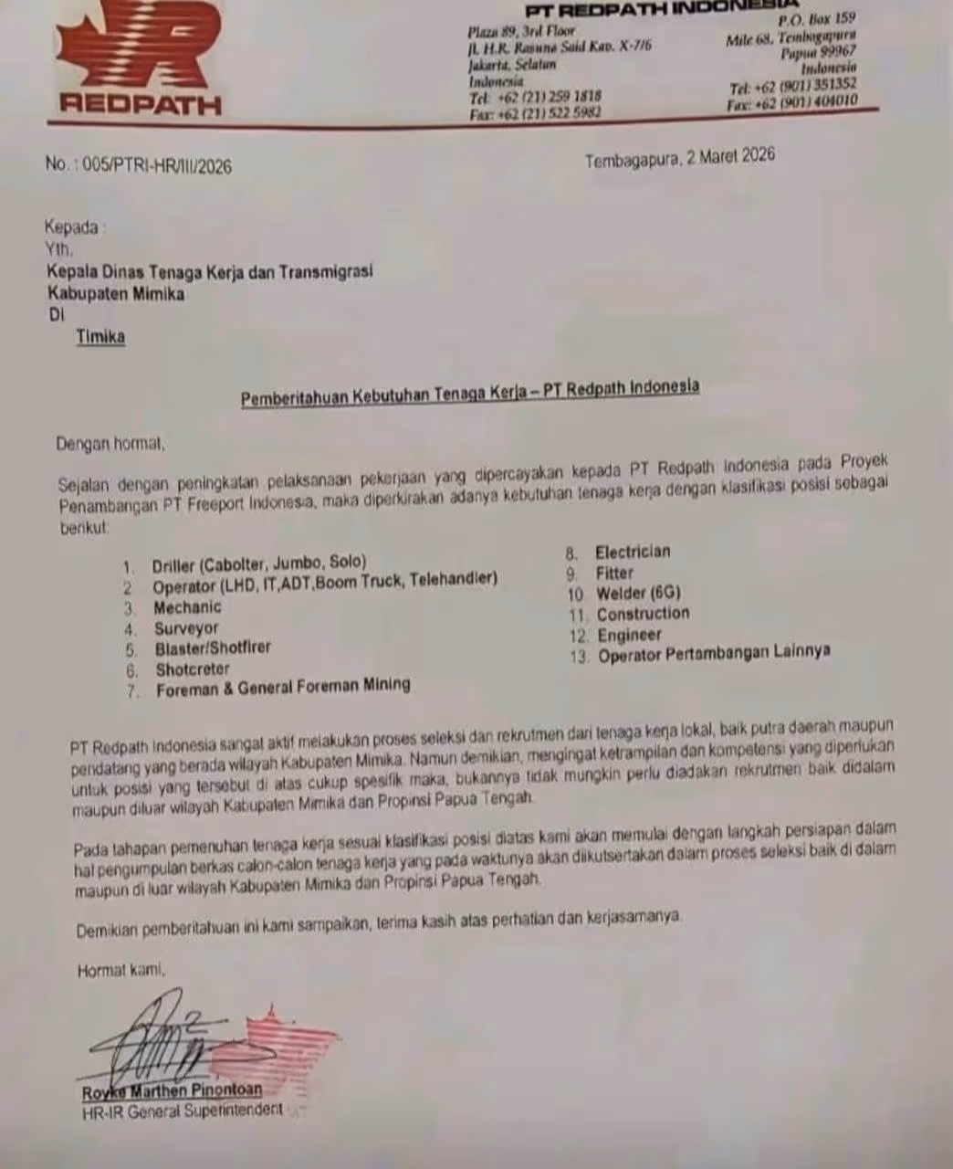 lowongan Mimika, kerja Freeport, Redpath Indonesia, tambang Papua, operator tambang, driller tambang, lowongan kerja, Tembagapura kerja, Mimika karier, rekrutmen tambang
